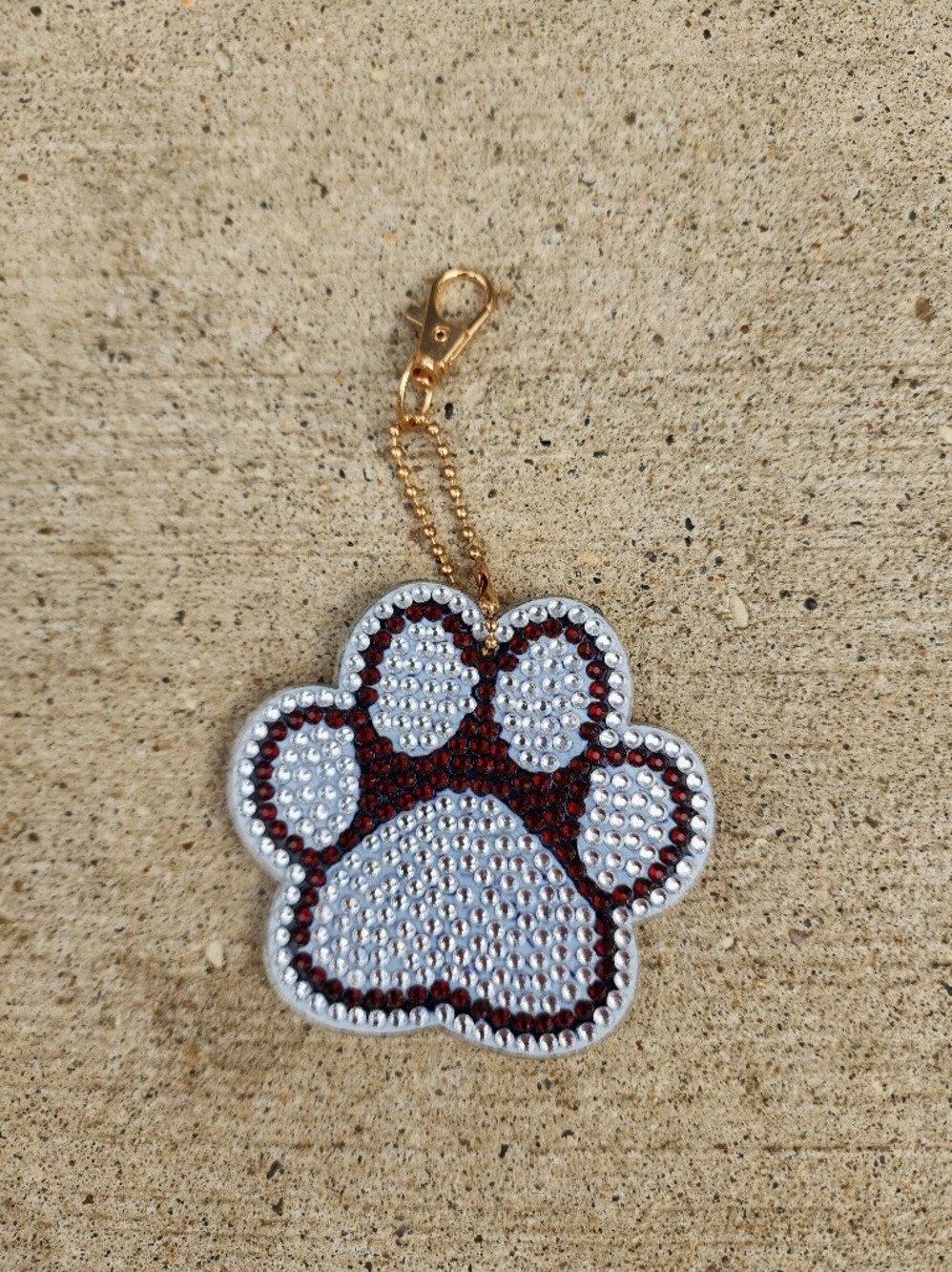 Rhinestone Paw Print Keychain Charm - White & Dark Red